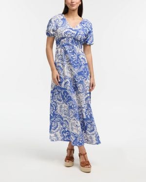 Ellen Tracy V-Neck Dress With Smocking Detail - Blue