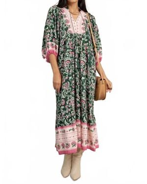 Umgee Boho Patchwork Print Tiered Midi Dress - Green