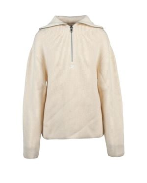 Courreges Ribbed Knit Sweater With Half-Zip And Hood - Natural