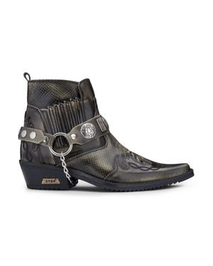 Infinity Leather Snakeskin Winklepicker Cowboy Leather Ankle Boots - Black