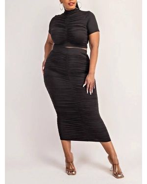The Curve Two Piece Short Sleeve Ruched Top And Skirt Set - Black