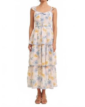 In February Floral Midi Dress With Ruffled Straps - Natural