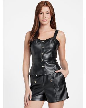 Guess Cabella Faux-Leather Peplum Top - Black