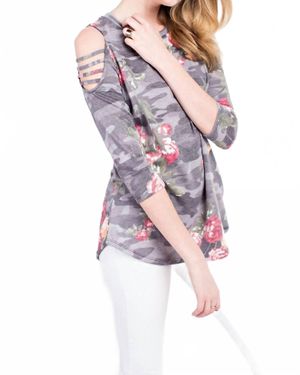12pm By Mon Ami Floral Cold Shoulder 3/4 Sleeve Top - Pink