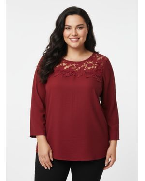TRUEDAMES Lace Yoke Three-Quarter Sleeve Knit Top - Red