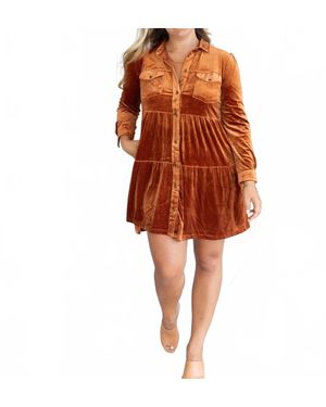 Umgee Velvet Fall Button Up Dress - Orange