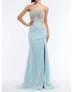 Vienna Prom Sheer Corset High Slit Long Dress - Blue