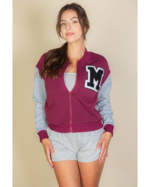 TRUEDAMES Fashnzfab Letter Patched Striped Trim Varsity Jacket - Purple