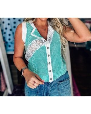 Pol Sweet & Chic Patchwork Sweater Vest Top - Blue