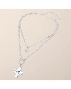 Fashnzfab Textured Metal Cross Round Stone Charm Pendant Paper Clip Chain Layered Necklace - Natural