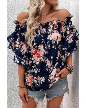 Shiying Fashion Ruffle Off Shoulder Flounce Sleeve Floral Blouse - Blue