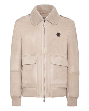 Philipp Plein Shealing Leather Bomber - Natural