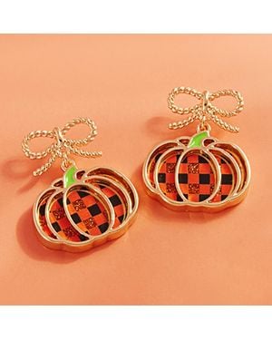 Fashnzfab Bow Plaid Pumpkin Charm Drop Dangle Earrings - Orange