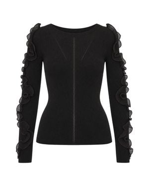 Liu Jo Ribbed Organza Ruffled Knit Top - Black