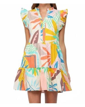 Fate Tropical Cotton Poplin Split Neck Dress - Multicolor