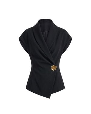 Saiid Kobeisy Jet Gabardine Satin Wrap-Style Top With Shawl Collar And Floral Brooch - Black