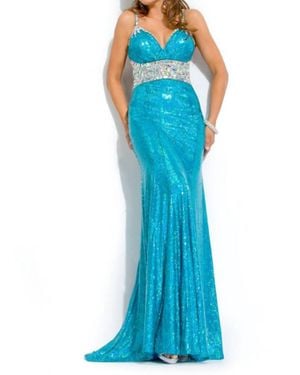 Rachel Allan Spaghetti Strap With Crystal Beading Prom Gown - Blue