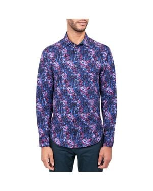 Society of Threads Printed Polyester Button-Down Shirt - Blue