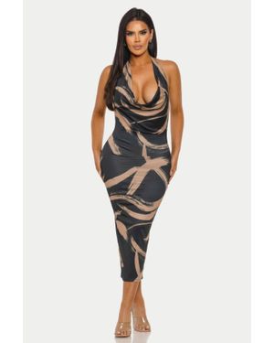 TRUEDAMES Halter Cowl Neck Printed Midi Dress With Open Back - Black