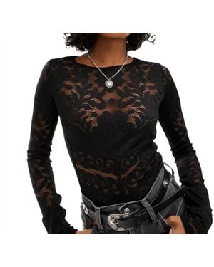 Free People Lace Detail Long Sleeve Top - Black