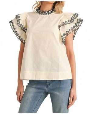 Jodifil Flutter Sleeve Top With Lace Trim - Blue