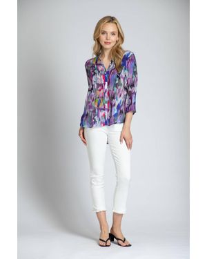Apny Brush Stroke ¾ Sleeve Mandarin Collar Button Up Blouse - Purple