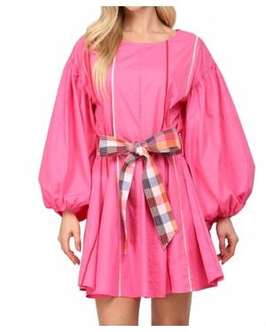 Fate Contrast Piping Detail Boatneck Fit & Flare Dress Belt - Pink