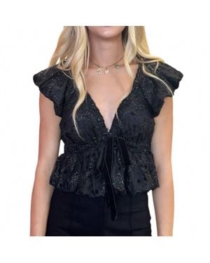 Sincerely Ours Embellished Floral Beaded Ruffle Sleeve Tie Front Smocked Crop Top - Blue