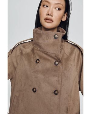 Maeve Funnel-Neck Short Trench Coat Jacket - Brown