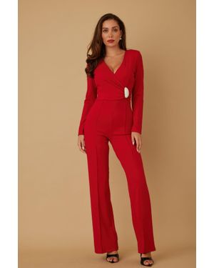 TRUEDAMES Oval Crystal Stone Wrap Jumpsuit - Red