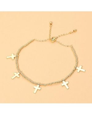Fashnzfab Metal Cross Charm Beaded Adjustable Cinch Pull Tie Bracelets - Natural