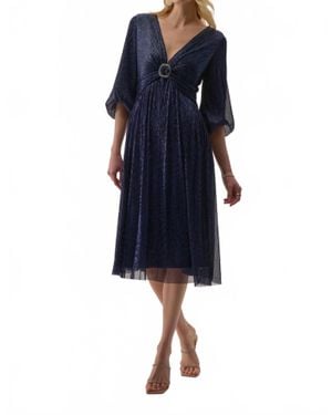 Joseph Ribkoff Sparkle Mesh Plissé Fit And Flare Midi Dress - Blue