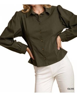 Umgee Solid Collared Button Down Shirt - Green