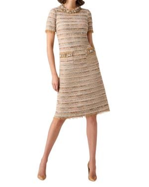 Teri Jon Boucle Fringe Trim Daytime Dress - Natural
