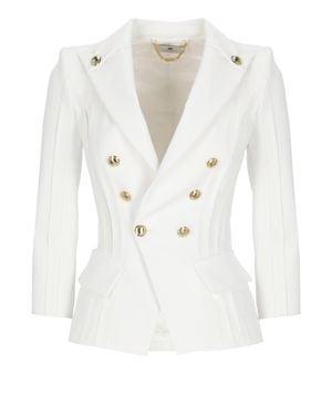 Elisabetta Franchi Ivory Double-Breasted Logoed Blazer - White
