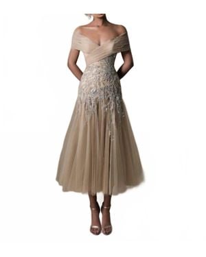 Tarik Ediz Lana Off The Shoulder Tea-Length Dress - Natural