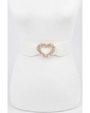 Fashnzfab Heart Rhinestone Buckle Elastic Belt - White