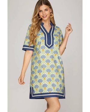 She + Sky Short Sleeve Printed Dress With Solid Trim - Green