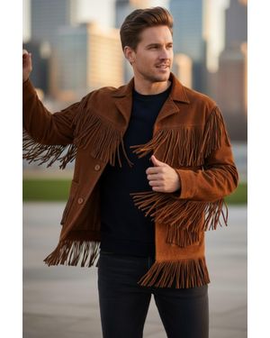 Infinity Leather Western Retro Tan Cowboy Suede Leather Fringe Jacket - Black
