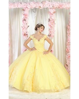 TRUEDAMES Floral Applique Off Shoulder Glitter Ball Gown - Yellow
