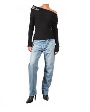 A.W.A.K.E. MODE Off Shoulder Sweater With Spoon Brooch - Blue