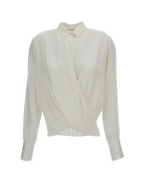 Q-WINS Draped Front Blouse With Wrap Design And Classic Collar - White