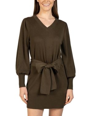 Love Token Short Knit Mini Sweater Dress With Tie - Brown