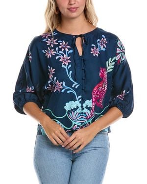 Johnny Was Petite Harlyn Button Front Silk-Blend Blouse - Blue