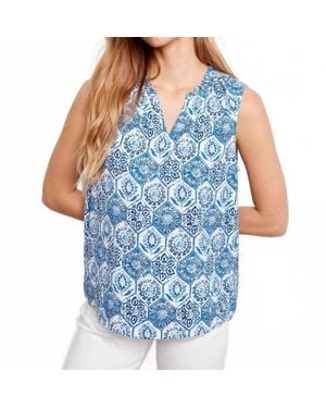 Charlie b Printed Sleeveless Ruffle Neck Top - Blue