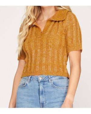 She + Sky Collared Short Sleeves Cropped Knit Top - Orange