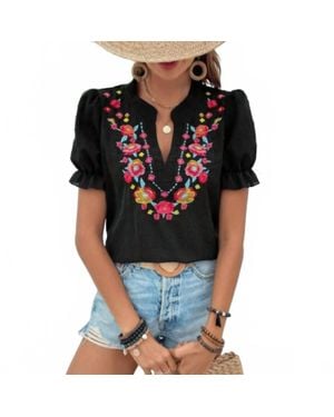 Rosa Clothing Swiss Dot Puff Sleeve Floral Embroidery Top - Black