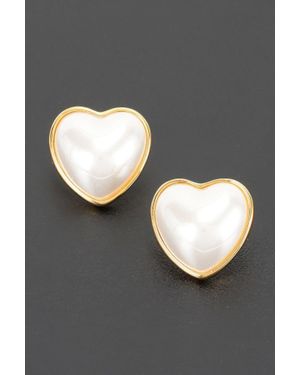 Fashnzfab Heart-Shaped Pearl Stud Earrings With Simple Metal Frame - Gray