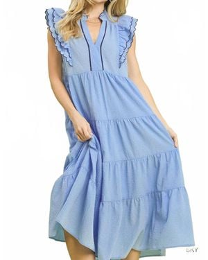 Umgee Seersucker Ruffle Sleeve Tiered Midi Dress - Blue
