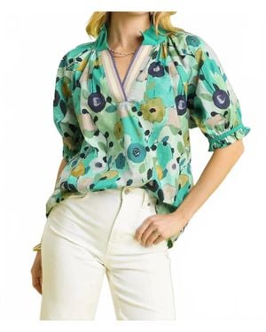 Umgee Floral Split Neck Puff Sleeve Top - Green